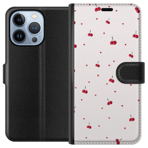 Yhteensopiva Lompakkokotelo Apple iPhone 13 Pro Kirsikoita ja sydämiä valkoisella taustalla suloinen romanttinen design minimalistisella tunnelmalla