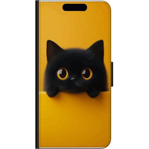 Kompatibel Tegnebogsetui til OnePlus 9 Pro Sort kat, der kigger op over kanten – ren og trendy illustration med et legende udtryk og store øjne