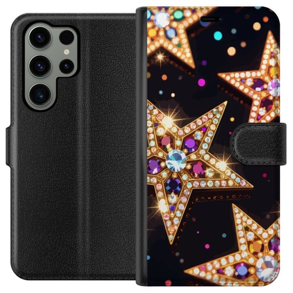 Kompatibelt Lommeboketui til Samsung Galaxy S23 Ultra Gyldne glitterstjerner med krystaller og festlig lyseffekt på mørk bakgrunn, et elegant motiv f Kompatibelt Lommeboketui til Samsung Galaxy S23 Ultra Gyldne glitterstjerner med krystaller og festlig lyseffekt på mørk bakgrunn, et elegant motiv f