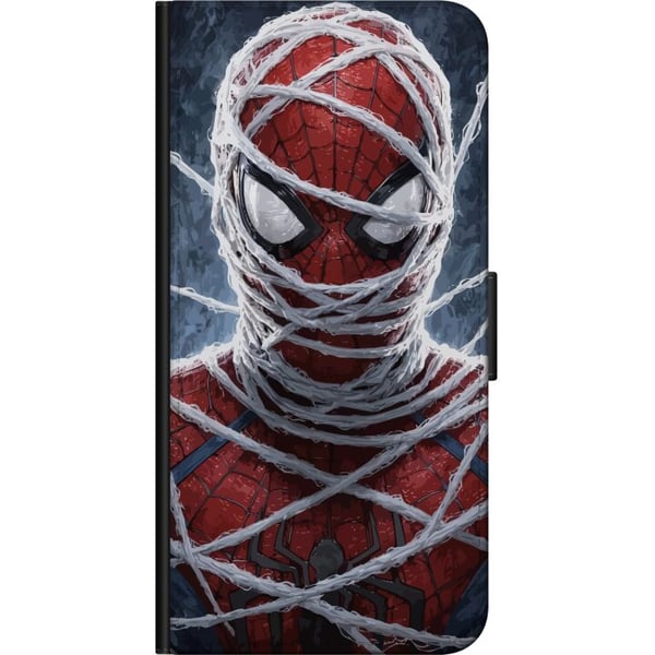 Kompatibel Tegnebogsetui til Samsung Galaxy A20s Spider-Man dækket af tætte netlag i et dramatisk nærbillede, der fremhæver maskens struktur, intensi