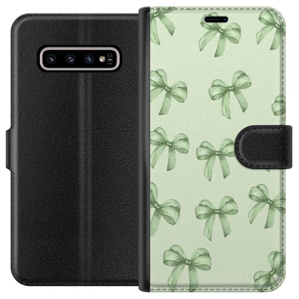 Kompatibelt Plånboksfodral till Samsung Galaxy S10+ Gröna rosetter mönster sött pastell bow pattern seamless gift ribbon estetiskt bakgrund motiv pos