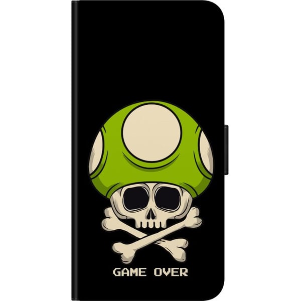 Kompatibelt Plånboksfodral till Samsung Galaxy A20s Spelinspirerat motiv med dödskalle och grön svamp i retrostil med texten game over