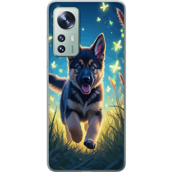Yhteensopiva Puhelinkuori Xiaomi 12 Pentu saksanpaimenkoira koira juliste koira pentu juoksee niitty perhoset suloinen eläinkuvitus yötaide