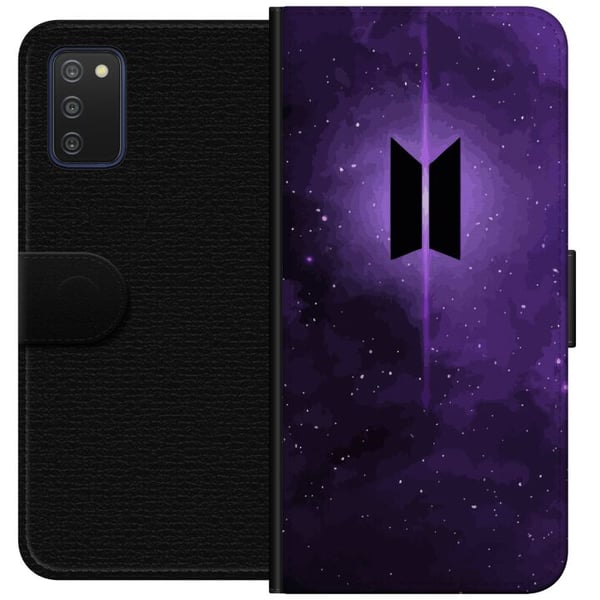 Kompatibelt Lommeboketui til Samsung Galaxy A03s BTS kpop-logo lilla galakse plakat romdesign koreansk band ARMY-symbol stjernehimmel musikk fan art