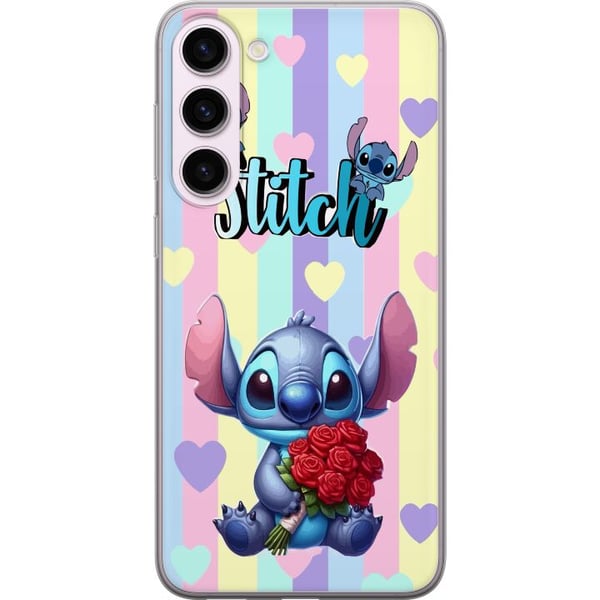 Kompatibel Mobilcover til Samsung Galaxy S23+ Stitch med roser i romantisk tegneseriestil mod stribet baggrund Kompatibel Mobilcover til Samsung Galaxy S23+ Stitch med roser i romantisk tegneseriestil mod stribet baggrund