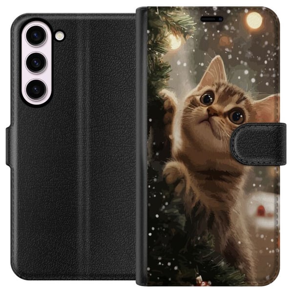 Yhteensopiva Lompakkokotelo Samsung Galaxy S23+ Joulukuuseen kiipeävä kissa lumisateessa, kodikas talvidesign täydellinen kissa- ja joulun ystäville