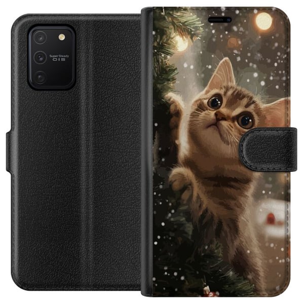 Kompatibelt Lommeboketui til Samsung Galaxy S10 Lite Katt som klatrer i juletre med snøfall, koselig vinterdesign perfekt for katte- og juleelskere Kompatibelt Lommeboketui til Samsung Galaxy S10 Lite Katt som klatrer i juletre med snøfall, koselig vinterdesign perfekt for katte- og juleelskere