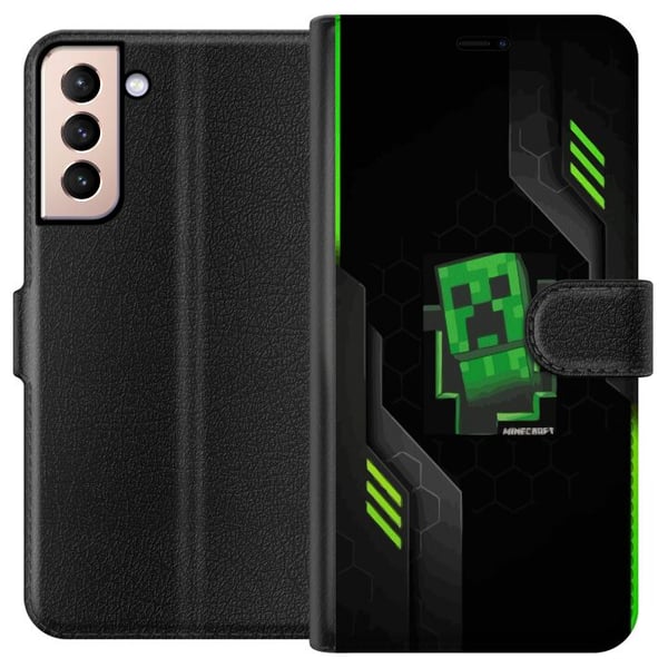 Kompatibelt Lommeboketui til Samsung Galaxy S21 Grønn pikselbasert, creeperlignende spillillustrasjon i futuristisk neonstil for gamingrom