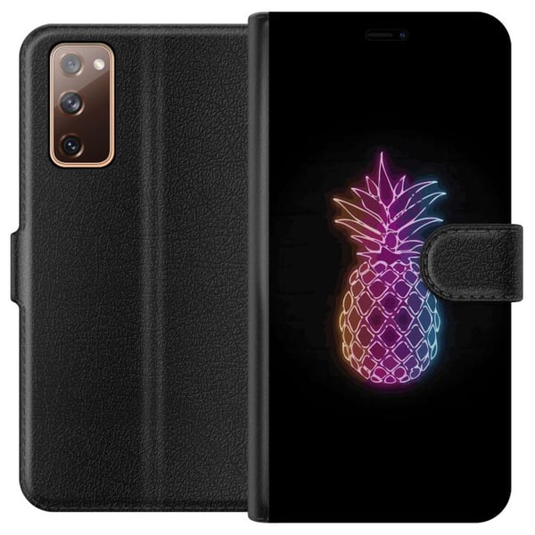 Kompatibel Tegnebogsetui til Samsung Galaxy S20 FE Neonillustration af ananas i farverigt lys mod sort baggrund i legende design