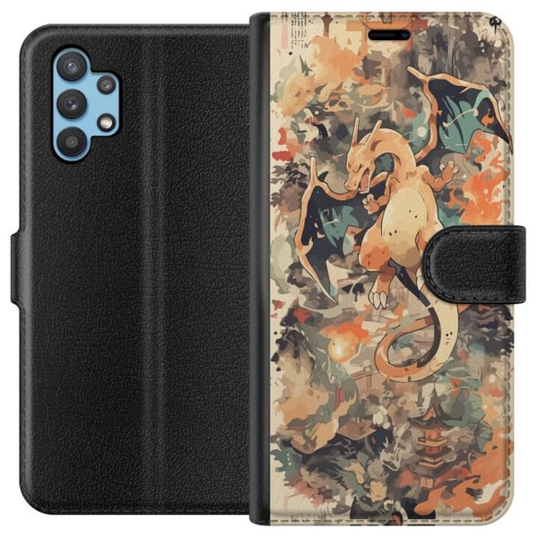 Kompatibelt Plånboksfodral till Samsung Galaxy A32 5G Fire Dragon Legend eldsprutande drake i japansk konststil vintage illustration med tempel och r Kompatibelt Plånboksfodral till Samsung Galaxy A32 5G Fire Dragon Legend eldsprutande drake i japansk konststil vintage illustration med tempel och r