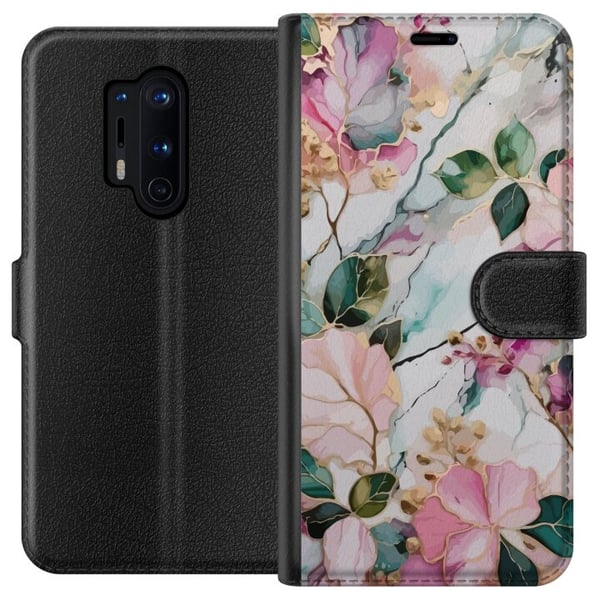 Kompatibel Tegnebogsetui til OnePlus 8 Pro Pastelmarmor med blomster, blade og subtile gyldne detaljer i en blød komposition