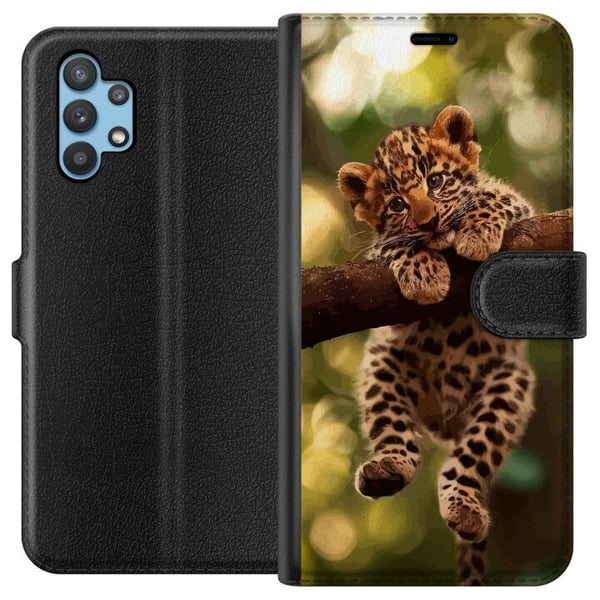 Kompatibelt Plånboksfodral till Samsung Galaxy A32 5G Leopardunge på gren med stora ögon naturinspirerat djungelmotiv detaljrikt och charmigt i varm Kompatibelt Plånboksfodral till Samsung Galaxy A32 5G Leopardunge på gren med stora ögon naturinspirerat djungelmotiv detaljrikt och charmigt i varm