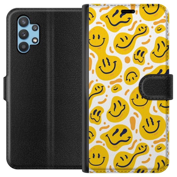 Kompatibelt Plånboksfodral till Samsung Galaxy A32 5G Lekfullt smileymönster med gula former i modern grafisk stil Kompatibelt Plånboksfodral till Samsung Galaxy A32 5G Lekfullt smileymönster med gula former i modern grafisk stil