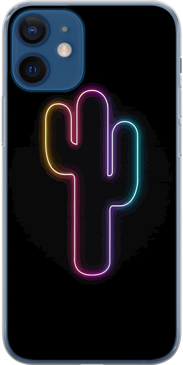 Yhteensopiva Puhelinkuori Apple iPhone 12 Kaktuksen neonkuvitus vaaleanpunaisessa ja sinisessä valossa tummaa taustaa vasten modernissa pop-estetiika