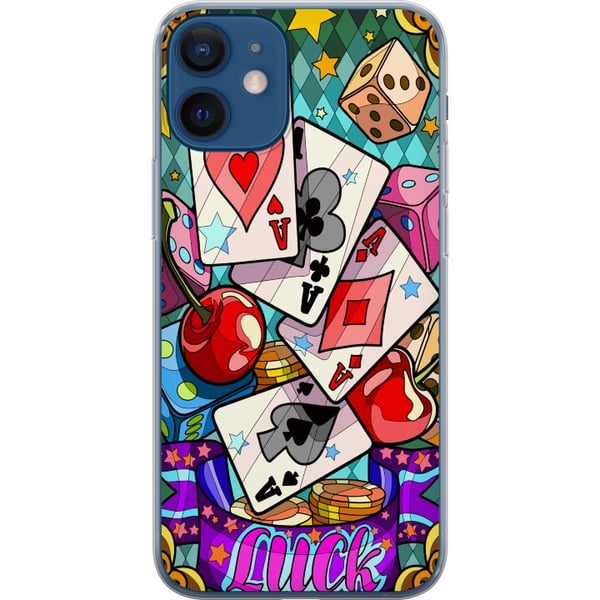 Kompatibel Mobilcover til Apple iPhone 12 Lucky Hands casino-popartdesign med spillekort, terninger, kirsebær og retroinspireret farverig stil
