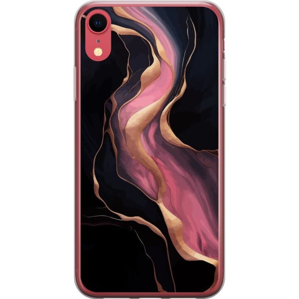 Kompatibel Mobilcover til Apple iPhone XR Abstrakte bølger i sort med lyserøde striber og guldfarvede kanter som flydende marmor mod en mørk baggrund