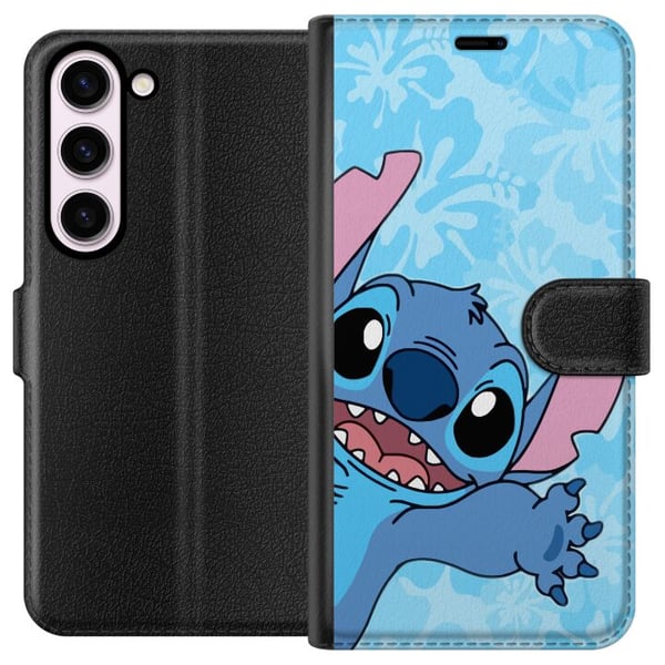Kompatibel Tegnebogsetui til Samsung Galaxy S23 Stitch, der rækker frem i en farverig illustration med blomstret baggrund Kompatibel Tegnebogsetui til Samsung Galaxy S23 Stitch, der rækker frem i en farverig illustration med blomstret baggrund