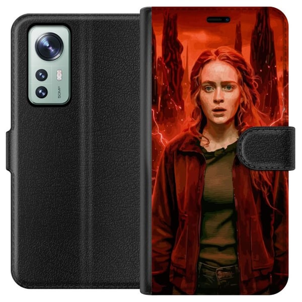 Yhteensopiva Lompakkokotelo Xiaomi 12 Muotokuva nuoresta punatukkaisesta naisesta apokalyptisessa maisemassa, jossa on punaisia salamoita Yhteensopiva Lompakkokotelo Xiaomi 12 Muotokuva nuoresta punatukkaisesta naisesta apokalyptisessa maisemassa, jossa on punaisia salamoita