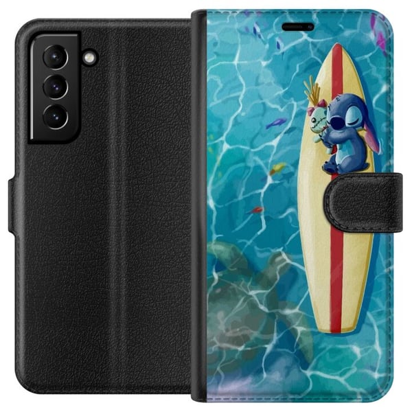 Kompatibelt Lommeboketui til Samsung Galaxy S21+ 5G Stitch som hviler på et surfebrett i turkis vann i sommerlig stil Kompatibelt Lommeboketui til Samsung Galaxy S21+ 5G Stitch som hviler på et surfebrett i turkis vann i sommerlig stil