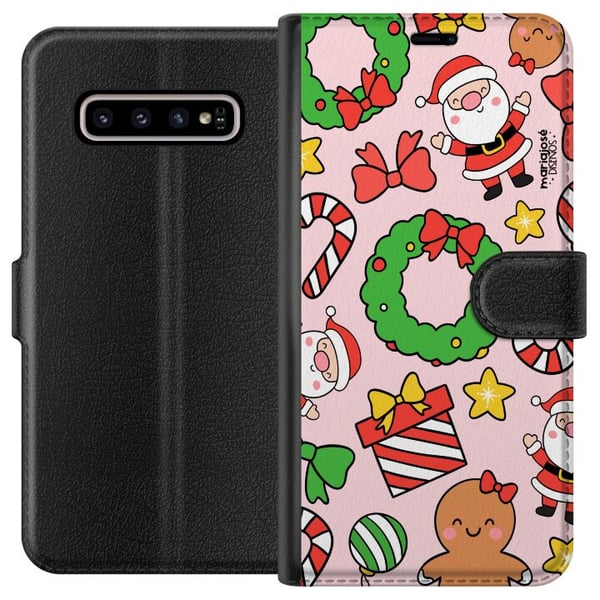 Kompatibel Tegnebogsetui til Samsung Galaxy S10+ Farverigt julemønster med nisser, slik, kranse, pakker og sjove detaljer, perfekt til sæsonens legen