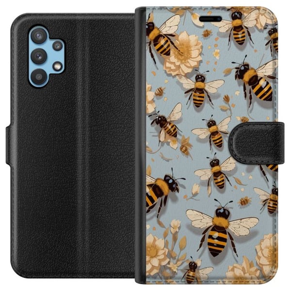 Kompatibelt Plånboksfodral till Samsung Galaxy A32 5G Bin och blommor blå bakgrund naturinspirerad design med charm och färg för somrigt uttryck