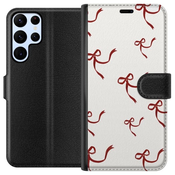 Kompatibelt Plånboksfodral till Samsung Galaxy S22 Ultra 5G Elegant Red Ribbon Pattern med röda sidenrosetter på ljus bakgrund för en romantisk och t