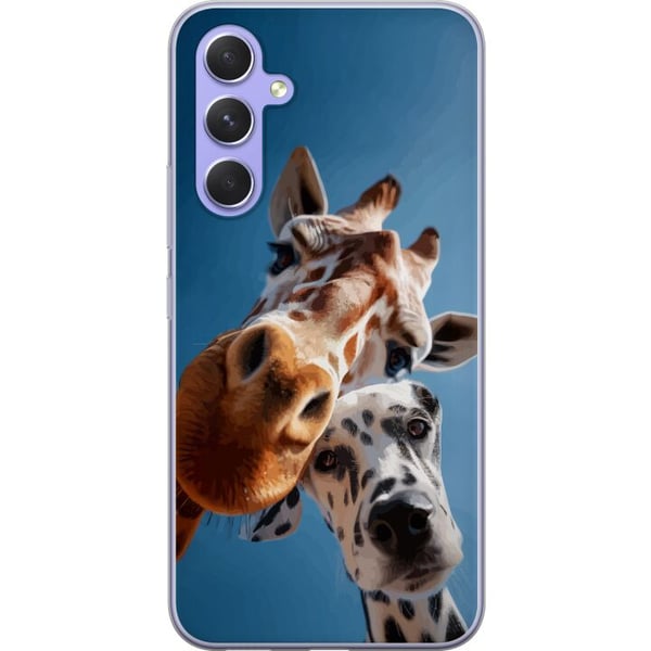 Kompatibelt Mobilskal till Samsung Galaxy A54 Giraffe Dalmatian Duo motiv med rolig närbild på giraff och dalmatiner i soligt perspektiv Kompatibelt Mobilskal till Samsung Galaxy A54 Giraffe Dalmatian Duo motiv med rolig närbild på giraff och dalmatiner i soligt perspektiv