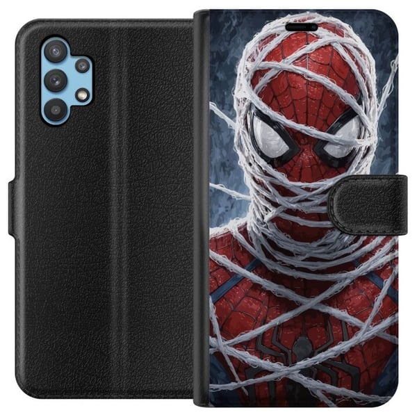 Kompatibelt Plånboksfodral till Samsung Galaxy A32 5G Spider-Man täckt av täta nätlager i dramatisk närbild som framhäver maskens struktur intensitet Kompatibelt Plånboksfodral till Samsung Galaxy A32 5G Spider-Man täckt av täta nätlager i dramatisk närbild som framhäver maskens struktur intensitet
