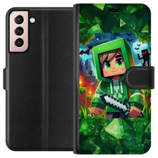 Kompatibel Tegnebogsetui til Samsung Galaxy S21 Minecraft-gamerdreng i grøn hættetrøje – tegnet Minecraft-dreng med sværd, pixels og eventyrtema Kompatibel Tegnebogsetui til Samsung Galaxy S21 Minecraft-gamerdreng i grøn hættetrøje – tegnet Minecraft-dreng med sværd, pixels og eventyrtema
