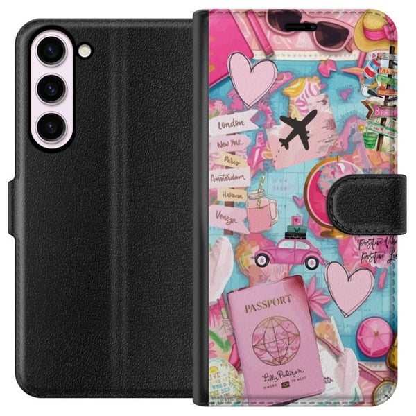 Kompatibel Tegnebogsetui til Samsung Galaxy S23+ Pink og turkis rejsecollage med verdenskort pas fly kameraer hjerter og destinationer moderne rejseæ Kompatibel Tegnebogsetui til Samsung Galaxy S23+ Pink og turkis rejsecollage med verdenskort pas fly kameraer hjerter og destinationer moderne rejseæ