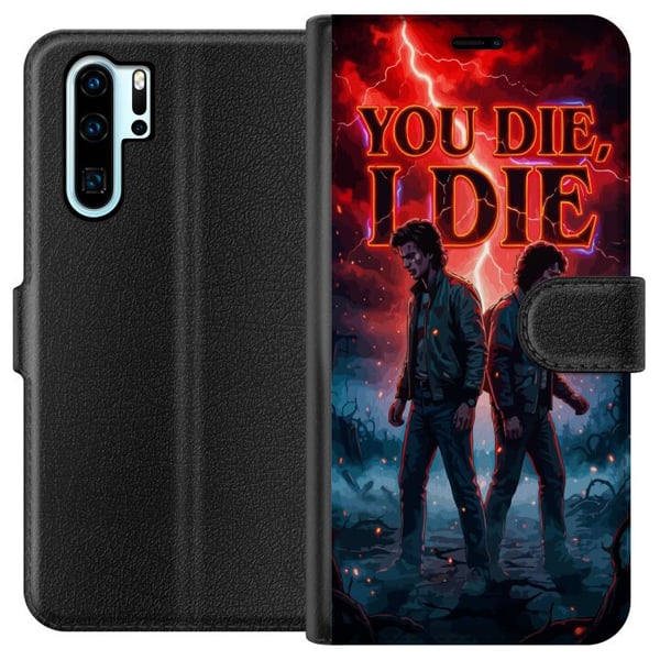 Yhteensopiva Lompakkokotelo Huawei P30 Pro Tieteisfiktion inspiroima kohtaus, jossa on kaksi nuorta miestä ja punainen, salamoiden täyttämä taivas sy