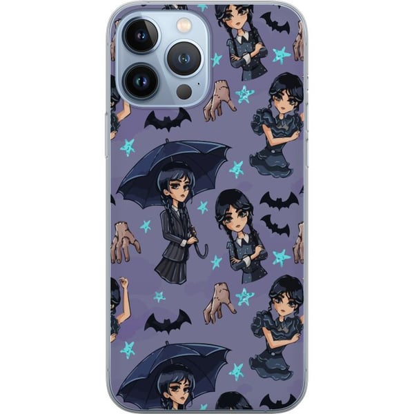 Kompatibel Mobilcover til Apple iPhone 13 Pro Max Wednesday Addams tegneserieplakat gotisk Netflix-serie flagermus hånd Thing lilla baggrund sødt des