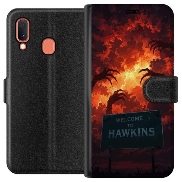 Kompatibelt Plånboksfodral till Samsung Galaxy A20e Apokalyptisk scen med brinnande himmel och Hawkins-skylt i Stranger Things-känsla Kompatibelt Plånboksfodral till Samsung Galaxy A20e Apokalyptisk scen med brinnande himmel och Hawkins-skylt i Stranger Things-känsla