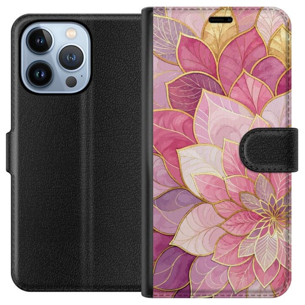 Kompatibelt Lommeboketui til Apple iPhone 13 Pro Blomstermandala – Rosa og lilla mønster med gylne detaljer illustrasjon Kompatibelt Lommeboketui til Apple iPhone 13 Pro Blomstermandala – Rosa og lilla mønster med gylne detaljer illustrasjon