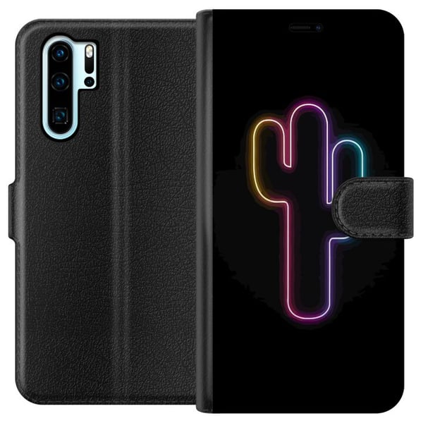 Yhteensopiva Lompakkokotelo Huawei P30 Pro Kaktuksen neonkuvitus vaaleanpunaisessa ja sinisessä valossa tummaa taustaa vasten modernissa pop-estetiik