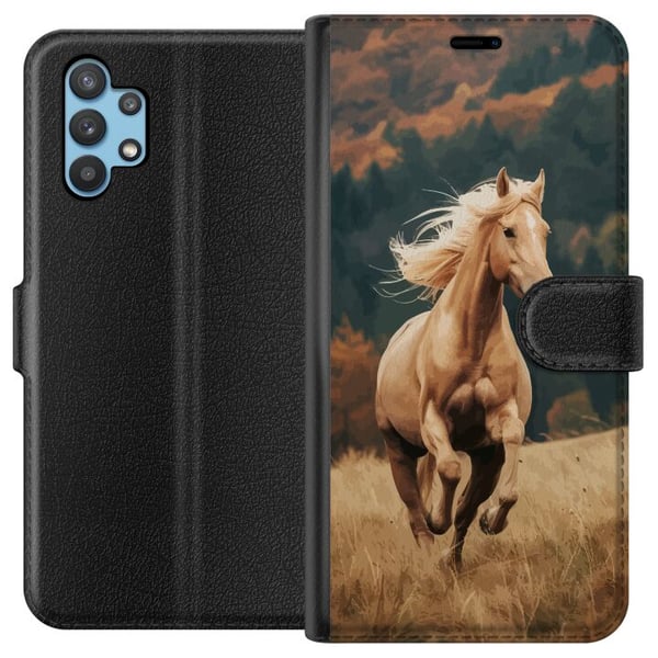 Kompatibelt Plånboksfodral till Samsung Galaxy A32 5G Elegant häst som springer över höstfält med vackra färger och naturkänsla kraftfull detaljrik i