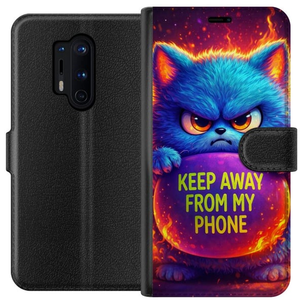 Yhteensopiva Lompakkokotelo OnePlus 8 Pro Vihainen, pörröinen sininen kissa, jossa lukee Keep Away From My Phone, neonväreissä ja liekkimäisin tehost