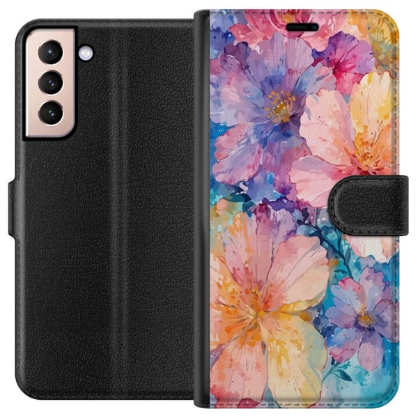 Kompatibelt Lommeboketui til Samsung Galaxy S21 Akvellmaleri med store blomster i rosa, blå og gule toner i en myk, kunstnerisk stil