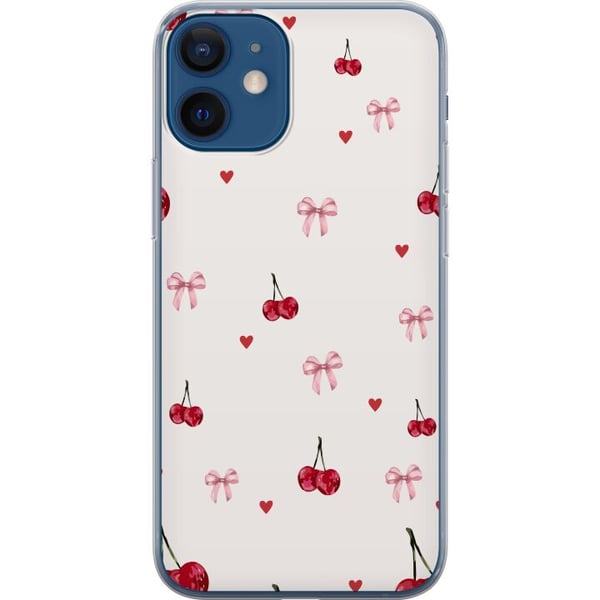 Kompatibelt Mobilskal till Apple iPhone 12 Cherry Hearts and Bows med körsbär rosa rosetter och hjärtan i charmig och gullig design