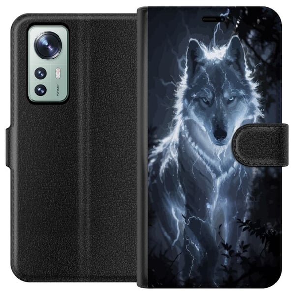 Yhteensopiva Lompakkokotelo Xiaomi 12 Valkoinen susi salamoiden ympäröimänä pimeässä metsässä dramaattisessa yötunnelmassa Yhteensopiva Lompakkokotelo Xiaomi 12 Valkoinen susi salamoiden ympäröimänä pimeässä metsässä dramaattisessa yötunnelmassa