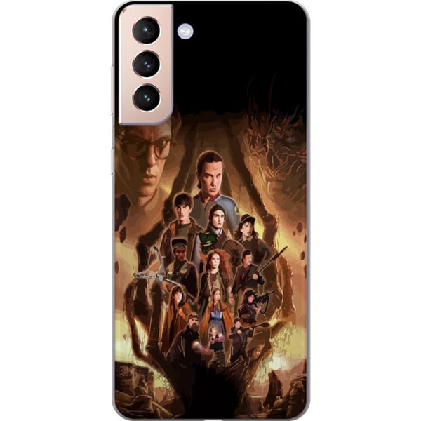 Kompatibelt Mobildeksel til Samsung Galaxy S21 Stranger Things-gruppebilde med heltene i et mørkt fantasimiljø og en truende skapning
