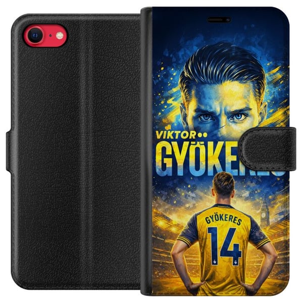 Kompatibelt Plånboksfodral till Apple iPhone 8 Viktor Gyökeres fotbollsposter i gul-blå färgskala med dramatisk stadionbakgrund, sportillustration fö