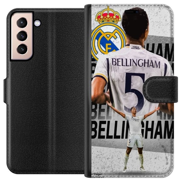 Kompatibel Tegnebogsetui til Samsung Galaxy S21 Real Madrid Jude Bellingham med forsvarer i trøje nummer 5 stort klubemblem sort-hvid kontrast atleti