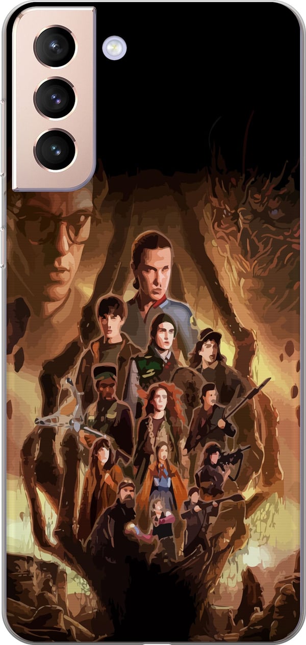 Kompatibelt Mobilskal till Samsung Galaxy S21 Stranger Things-gruppbild med hjältarna i mörk fantasymiljö och hotfull varelse
