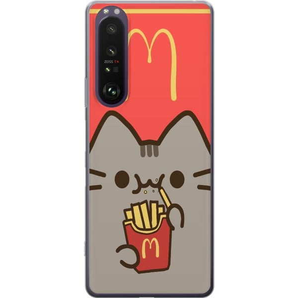 Kompatibelt Mobilskal till Sony Xperia 1 III Söt Pusheen-liknande katt med pommes frites i McDonald’s stil – humoristiskt och charmigt motiv.