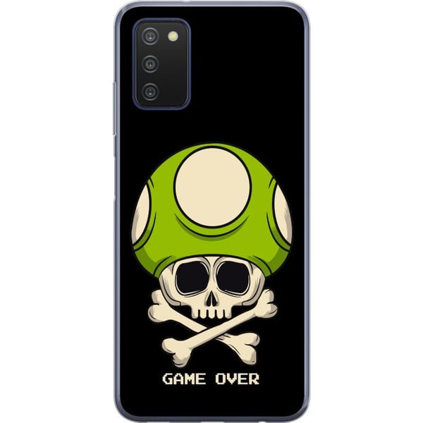 Kompatibelt Mobildeksel til Samsung Galaxy A03s Spillinspirert motiv med hodeskalle og grønn sopp i retrostil med teksten game over