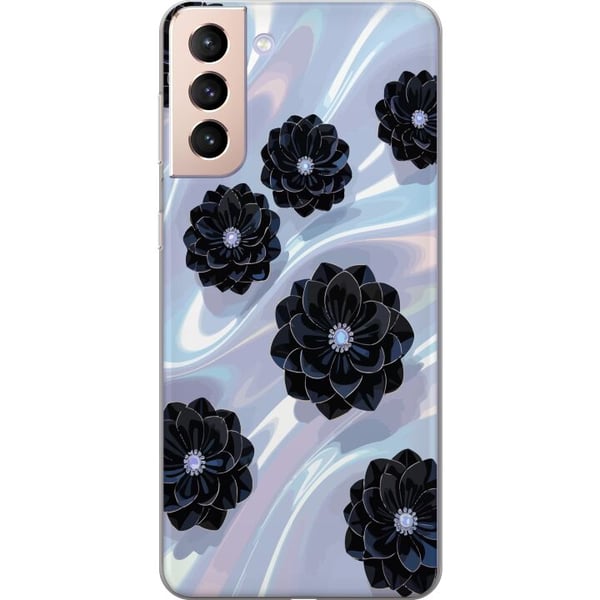 Kompatibelt Mobildeksel til Samsung Galaxy S21 Midnattblomstring svarte blomster på skimrende bakgrunn, elegant luksuriøst blomsterdesign i mørke ton