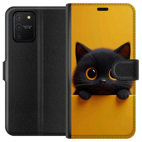 Kompatibelt Lommeboketui til Samsung Galaxy S10 Lite Søt svart katt med store øyne på gul bakgrunn – minimalistisk dyreillustrasjon med varme farger Kompatibelt Lommeboketui til Samsung Galaxy S10 Lite Søt svart katt med store øyne på gul bakgrunn – minimalistisk dyreillustrasjon med varme farger