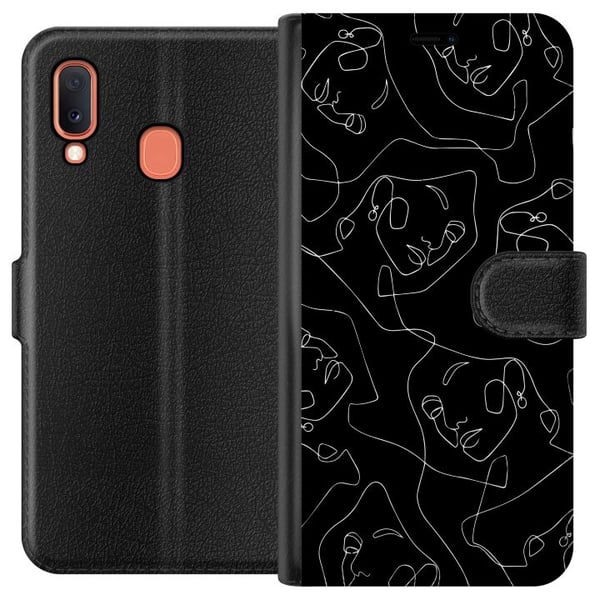 Kompatibelt Plånboksfodral till Samsung Galaxy A20e Abstrakta ansikten linjekonst i vitt på mörk bakgrund modern minimalistisk stil för konstälskare