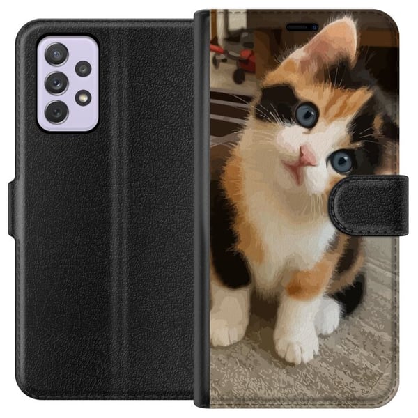 Kompatibelt Lommeboketui til Samsung Galaxy A52s 5G Trefarget kattunge med blå øyne, søtt innendørsmiljø og sjarmerende uttrykk, perfekt for alle som